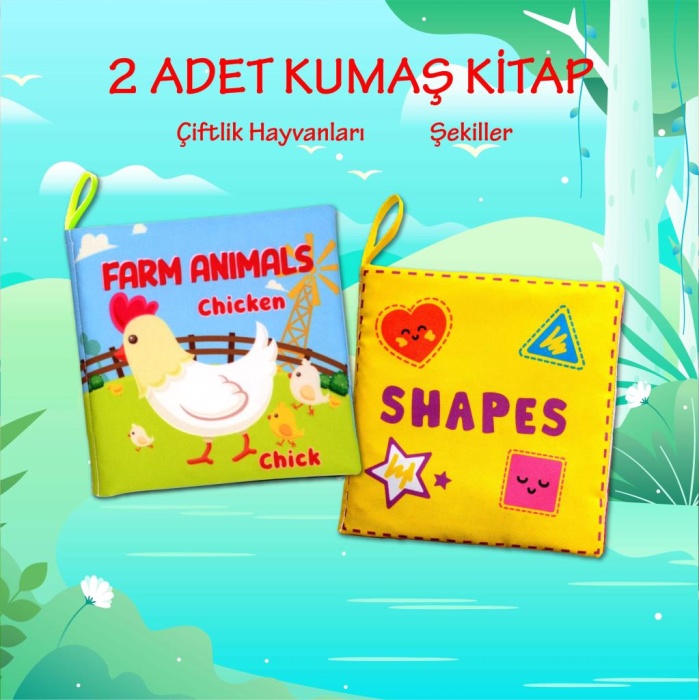 2 Kitap  İngilizce Çiftlik Hayvanları ve Şekiller Kumaş Sessiz Kitap