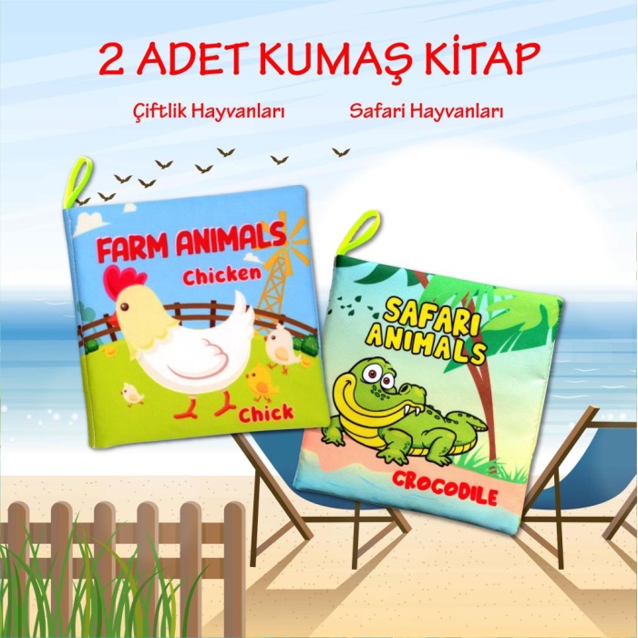 2 Kitap  İngilizce Çiftlik Hayvanları ve Safari Hayvanarı Kumaş Sessiz Kitap