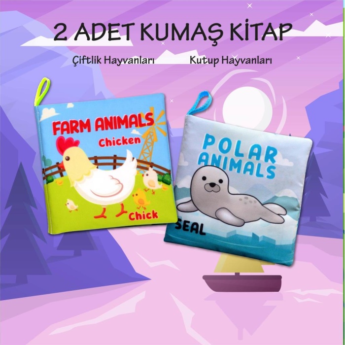 2 Kitap  İngilizce Çiftlik Hayvanları ve Kutup Hayvanları Kumaş Sessiz Kitap