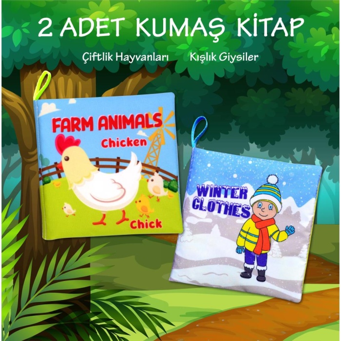 2 Kitap  İngilizce Çiftlik Hayvanları ve Kışlık Giysiler Kumaş Sessiz Kitap