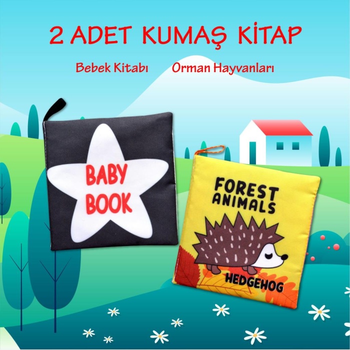 2 Kitap  İngilizce Siyah-Beyaz Bebek ve Orman Hayvanları Kumaş Sessiz Kitap