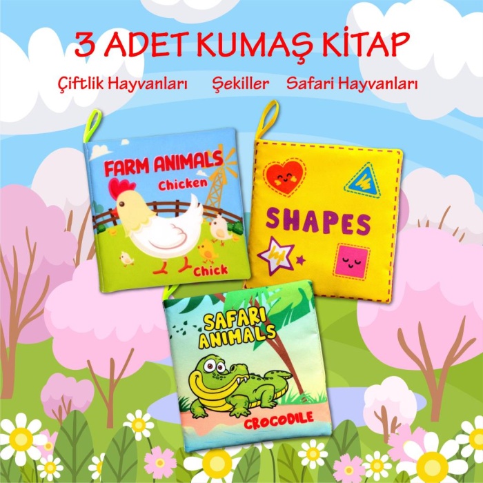 3 Kitap  İngilizce Şekiller , Çiftlik ve Safari Hayvanları Kumaş Sessiz Kitap