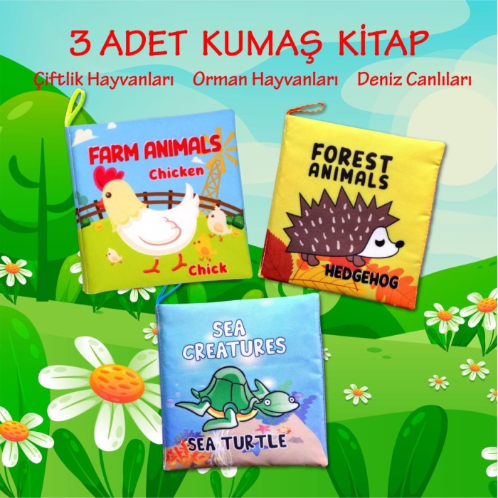 3 Kitap  İngilizce Deniz Canlıları , Çiftlik ve Orman Hayvanları Kumaş Sessiz Kitap