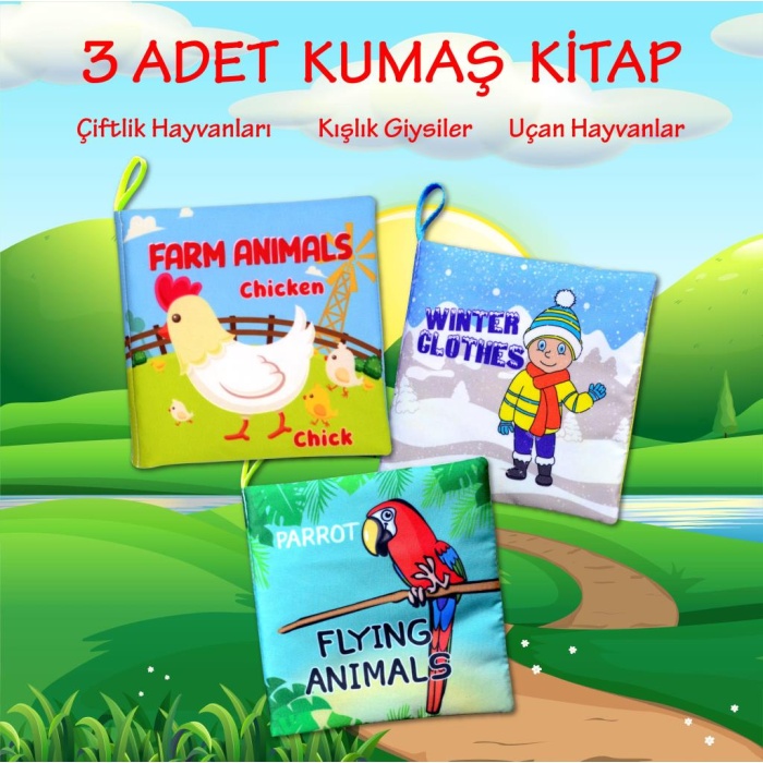 3 Kitap  İngilizce Kışlık Giysiler , Uçan ve Çiftlik Hayvanları Kumaş Sessiz Kitap