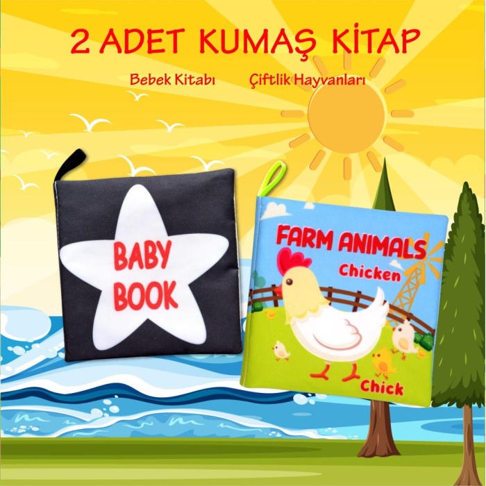 2 Kitap  İngilizce Siyah-Beyaz Bebek ve Çiftlik Hayvanları Kumaş Sessiz Kitap