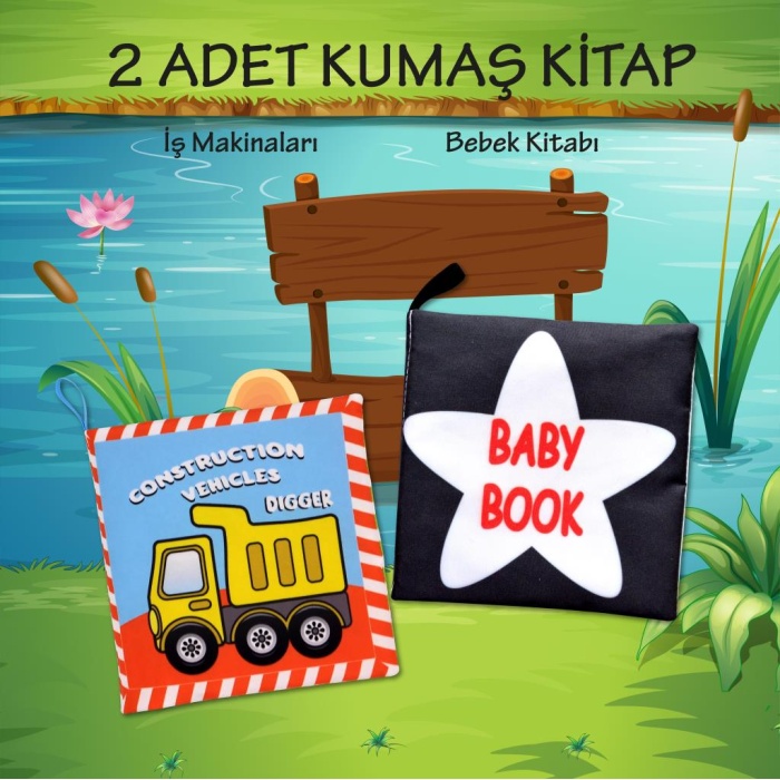 2 Kitap  İngilizce Siyah - Beyaz Bebek ve İş Makinaları Kumaş Sessiz Kitap