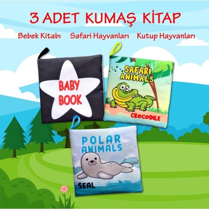 3 Kitap  İngilizce Siyah-Beyaz Bebek , Safari ve Kutup Hayvanları Kumaş Sessiz Kitap