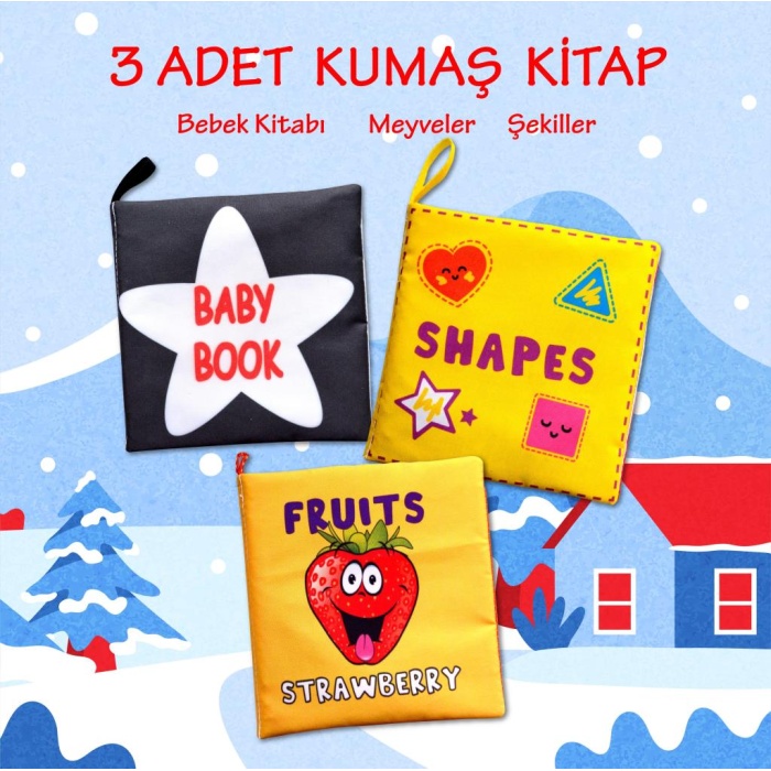 3 Kitap  İngilizce Şekiller, Meyveler ve Siyah-Beyaz Bebek Kumaş Sessiz Kitap