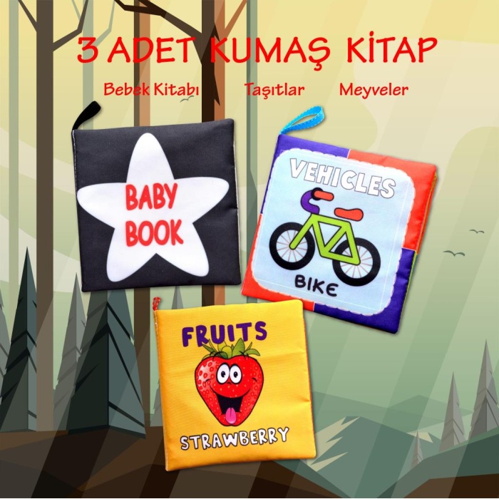 3 Kitap  İngilizce Taşıtlar , Meyveler ve Siyah-Beyaz Bebek Kumaş Sessiz Kitap