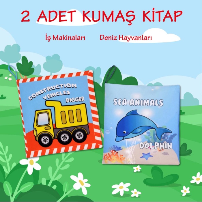 2 Kitap  İngilizce İş Makinaları ve Deniz Canlıları Kumaş Sessiz Kitap