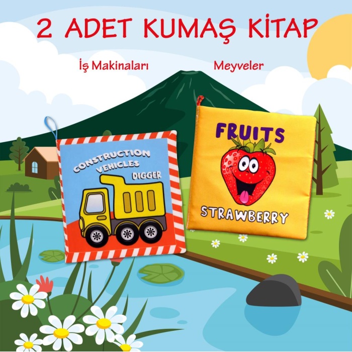 2 Kitap  İngilizce İş Makinaları ve Meyveler Kumaş Sessiz Kitap