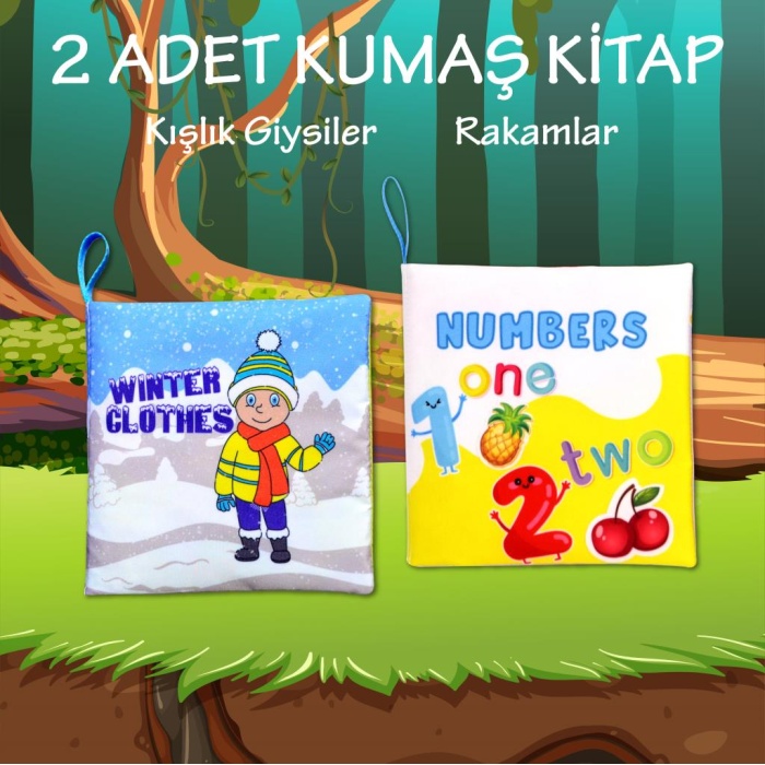 2 Kitap  İngilizce Kışlık Giysiler ve Rakamlar Kumaş Sessiz Kitap