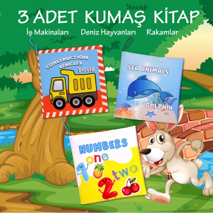 3 Kitap  İngilizce Rakamlar , İş Makinaları ve Deniz Canlıları Kumaş Sessiz Kitap