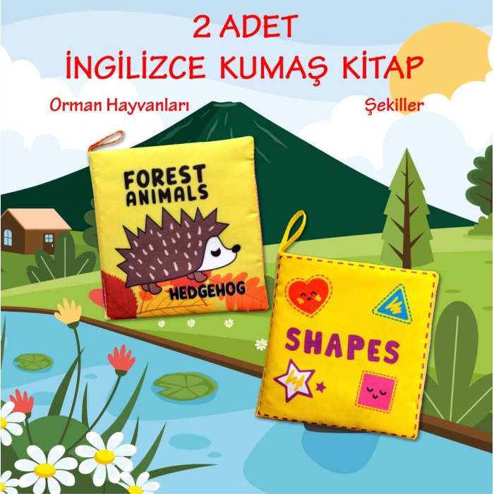 2 Kitap  İngilizce Orman Hayvanları ve Şekiller Kumaş Sessiz Kitap