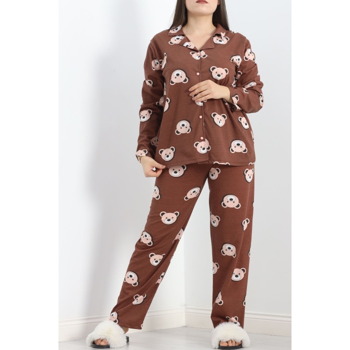 Baskılı Battal Pijama Takımı Koyubej