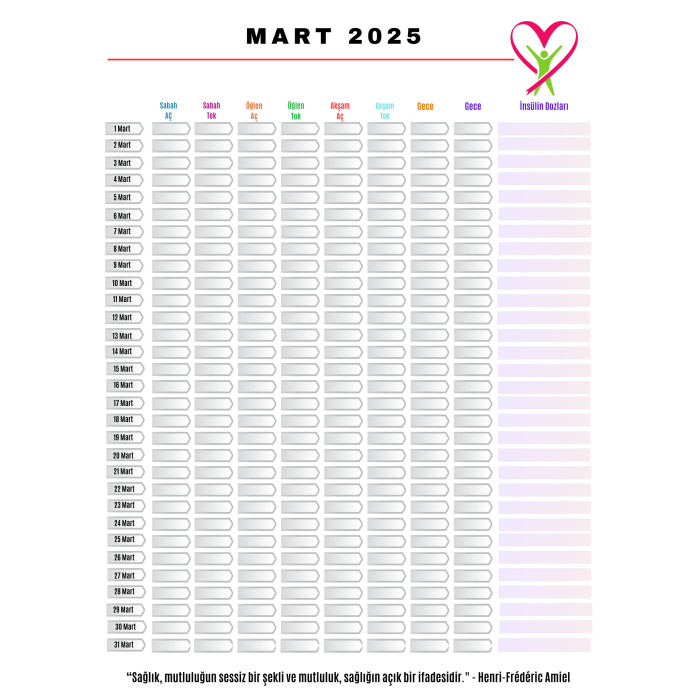 Diyabet Kan Şekeri Takip Çizelgesi Defteri A Kalite Özel Tasarım 12 Aylık 2025