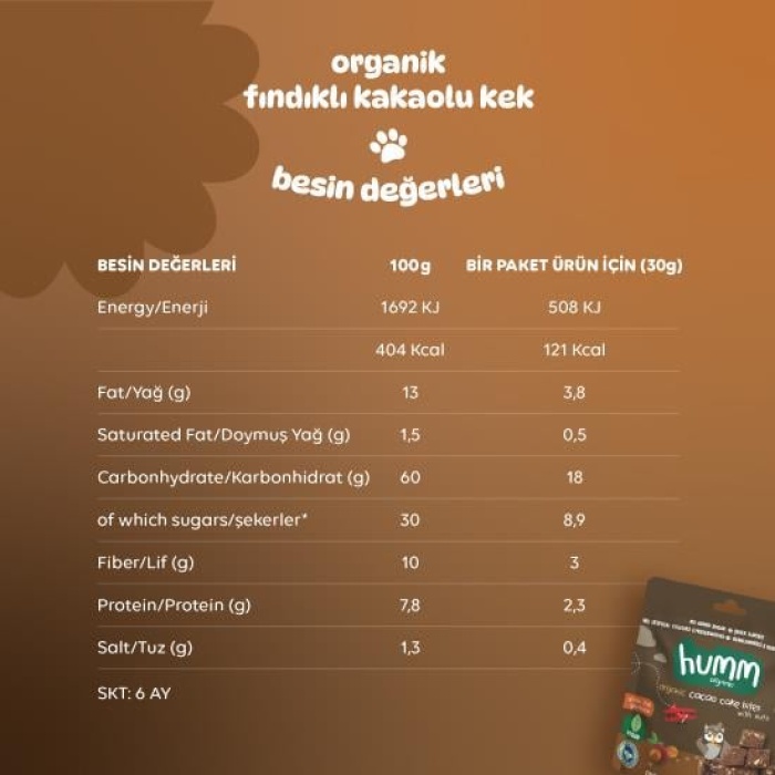 Humm Organik Fındıklı Kakaolu Vegan Kek 30 Gr