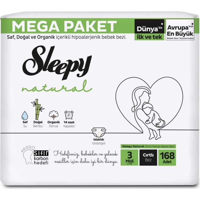 Sleepy Natural Bebek Bezi Mega Fırsat Paketi 3 Beden 4-9 Kg 168 Adet