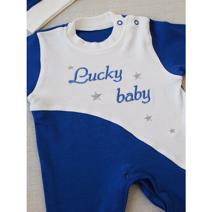 0-3 3-6 Ay Lucky Baby Nakışlı Es Çizgi Boy Şapkalı Erkek Bebek Tulumu