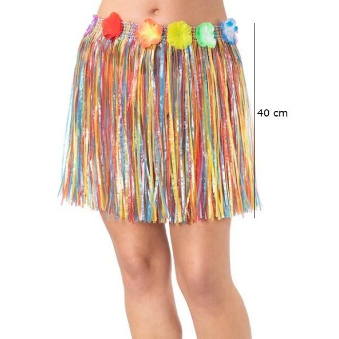 Yetişkin ve Çocuk Uyumlu Rengarenk Püsküllü Hawaii Luau Hula Etek 40 cm