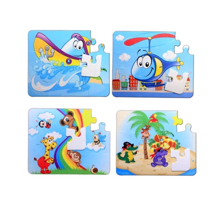 4 Set - 48 Parça  Tekne , Helikopter ve Gökkuşağı 3+ Keçe Yapboz - 3 Yaş Puzzle