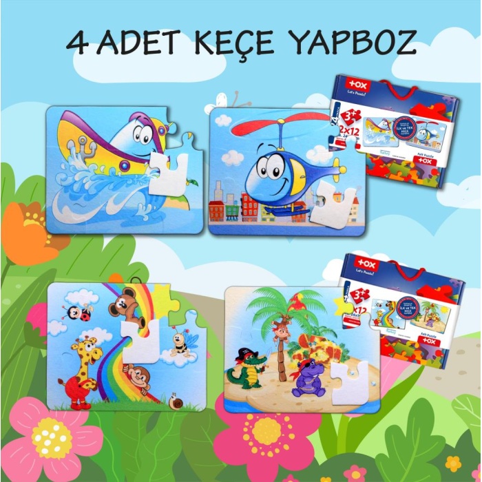 4 Set - 48 Parça  Tekne , Helikopter ve Gökkuşağı 3+ Keçe Yapboz - 3 Yaş Puzzle