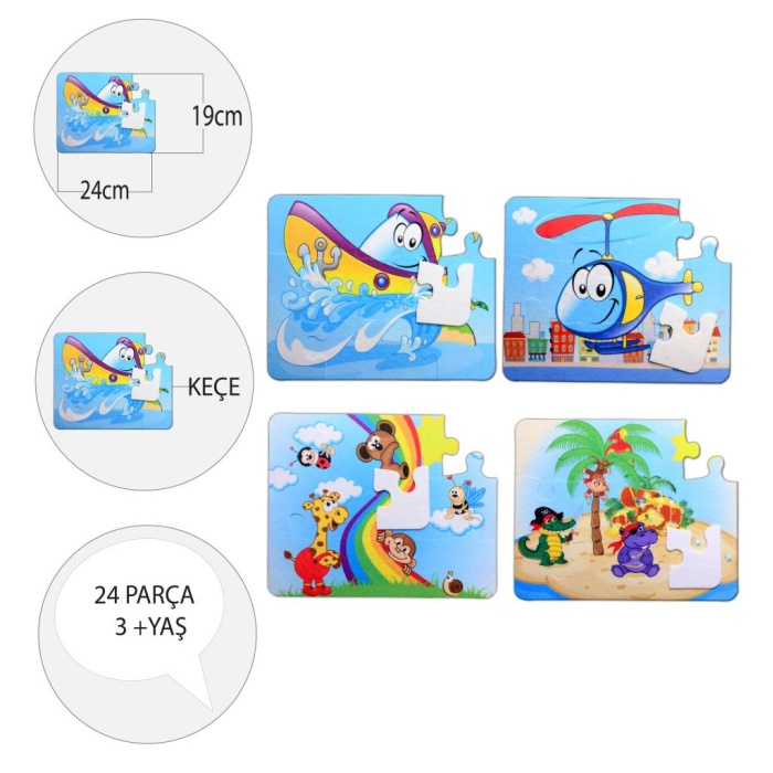 4 Set - 48 Parça  Tekne , Helikopter ve Gökkuşağı 3+ Keçe Yapboz - 3 Yaş Puzzle