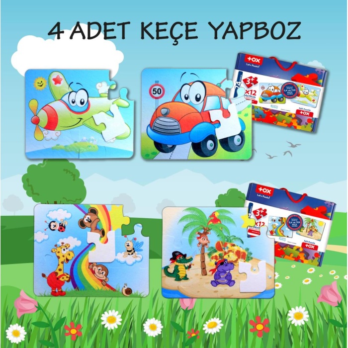 4 Set - 48 Parça  Uçak, Araba ve Gökkuşağı 3+ Keçe Yapboz - 3 Yaş Puzzle