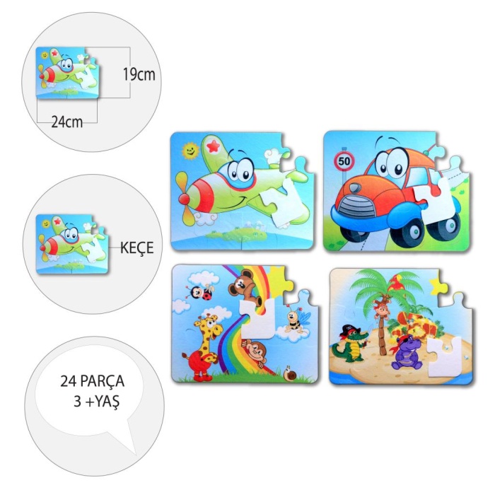 4 Set - 48 Parça  Uçak, Araba ve Gökkuşağı 3+ Keçe Yapboz - 3 Yaş Puzzle