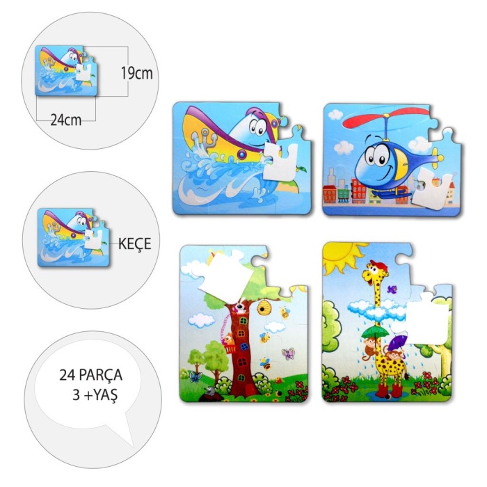 4 Set - 48 Parça  Tekne , Helikopter ve Zürafa 3+ Keçe Yapboz - 3 Yaş Puzzle