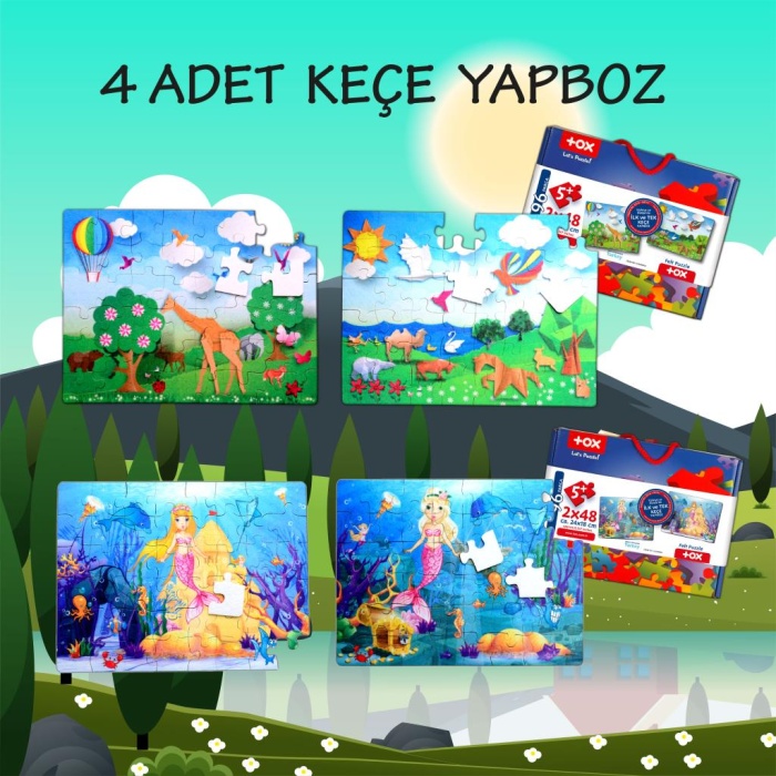 4 Set - 96 Parça  Origami ve Deniz Kızı 5+ Keçe Yapboz - 5 Yaş Puzzle