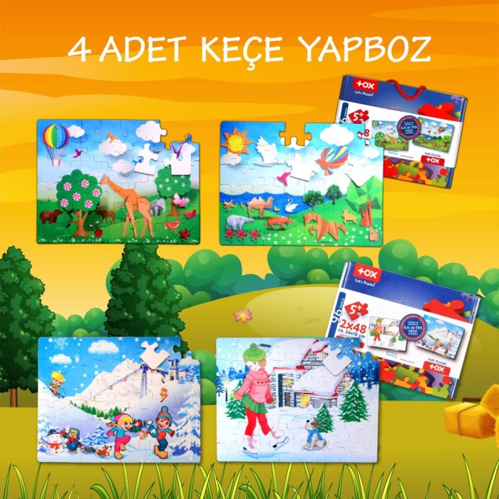 4 Set - 96 Parça  Kış ve Origami 5+ Keçe Yapboz - 5 Yaş Puzzle