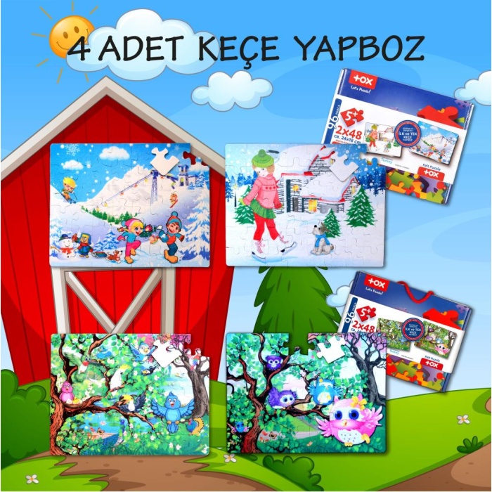 4 Set - 96 Parça  Kış ve Baykuş 5+ Keçe Yapboz - 5 Yaş Puzzle