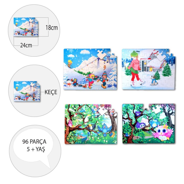 4 Set - 96 Parça  Kış ve Baykuş 5+ Keçe Yapboz - 5 Yaş Puzzle