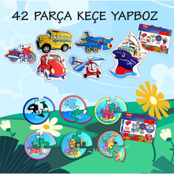 12 Set - 42 Parça  Deniz Canlıları ve Ulaşım Araçları 2+ Keçe Yapboz - 2 Yaş Puzzle