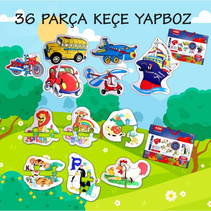 12 Set - 36 Parça  Hayvanlar ve Ulaşım Araçları 2+ Keçe Yapboz - 2 Yaş Puzzle