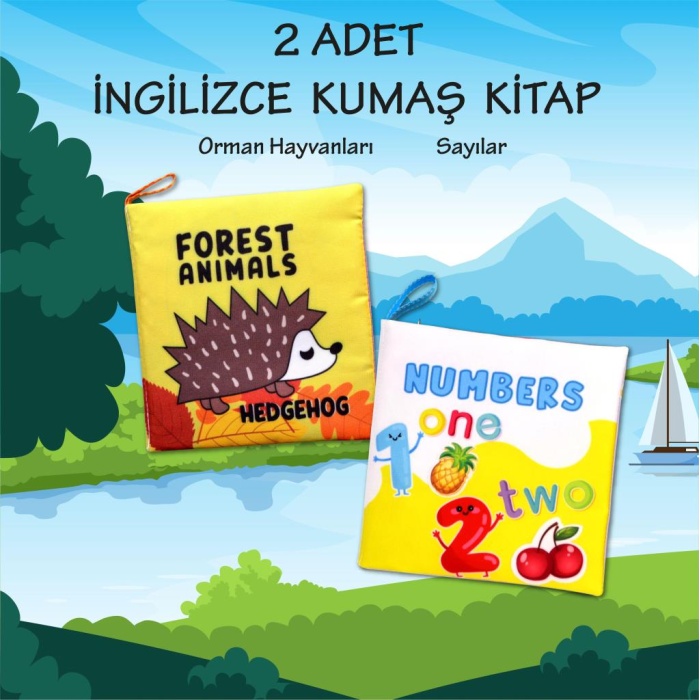 2 Kitap  İngilizce Orman Hayvanları ve Rakamlar Kumaş Sessiz Kitap