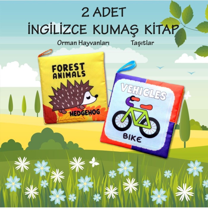 2 Kitap  İngilizce Orman Hayvanları ve Taşıtlar Kumaş Sessiz Kitap