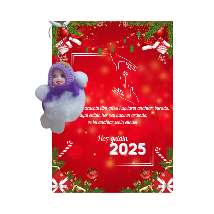 Yeni Yıl 2025 Kart Üzerinde Anahtarlık (Kişiye Özel Yazı Yazdırılabilir) Peluş Bebek 5 adet