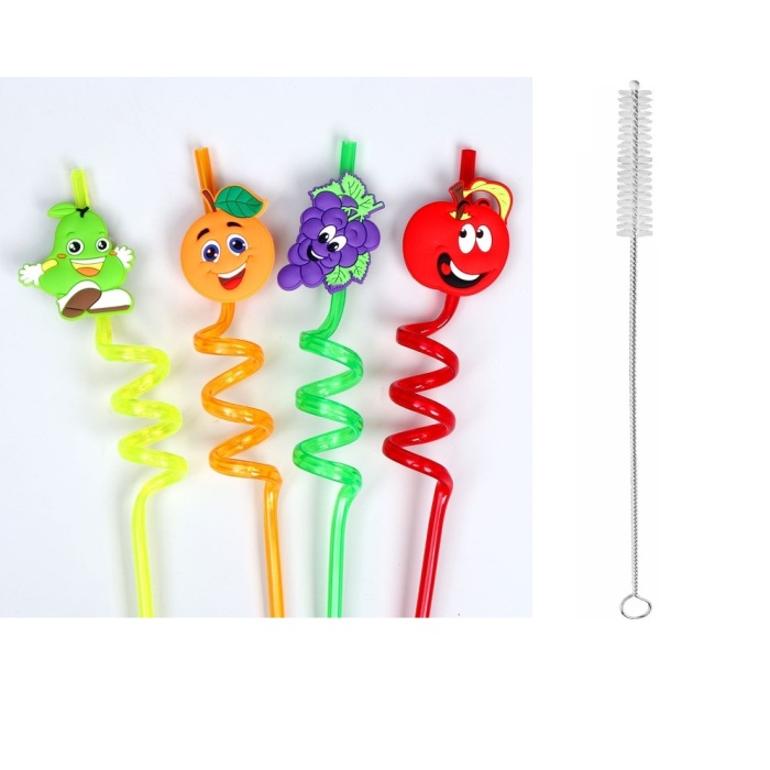 5 Parça Renkli Pipet Seti - Emojili Spiral Kokteyl- Çocuk Pipeti Temizleme Fırçalı