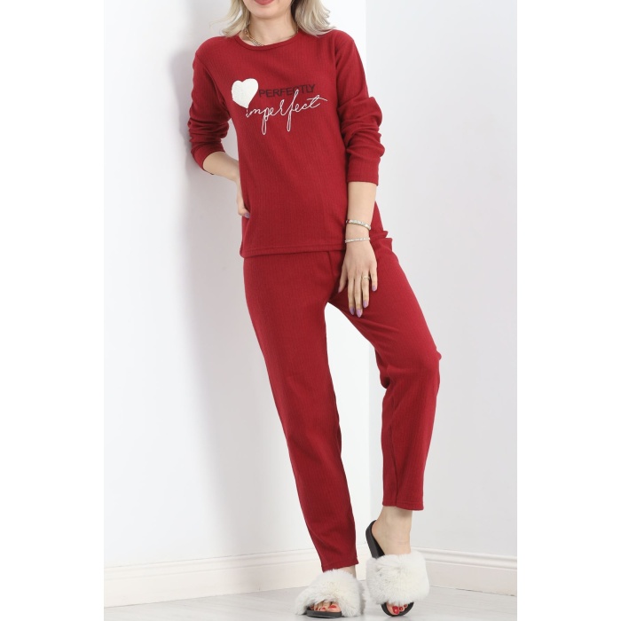 Nakışlı Fitilli Pijama Takımı Bordo