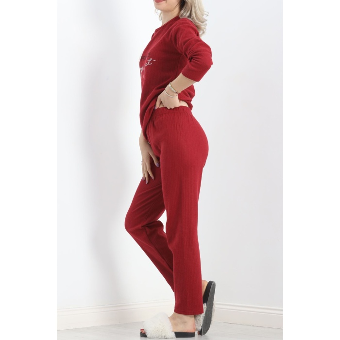 Nakışlı Fitilli Pijama Takımı Bordo