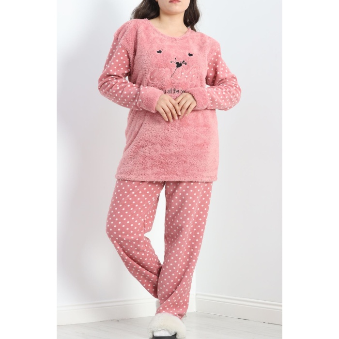 Battal Polar Pijama Takımı Pembebeyaz