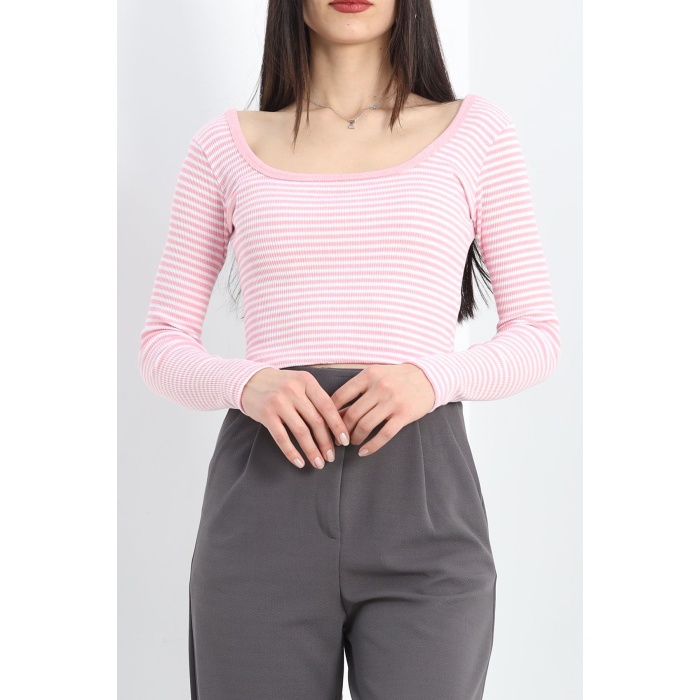 Kare Yaka Çizgili Crop Body Pembe