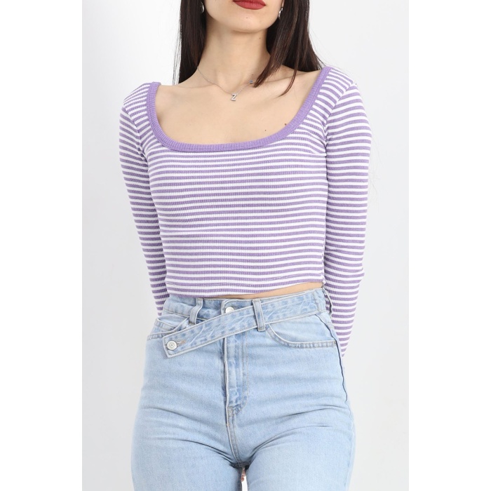 Kare Yaka Çizgili Crop Body Lila