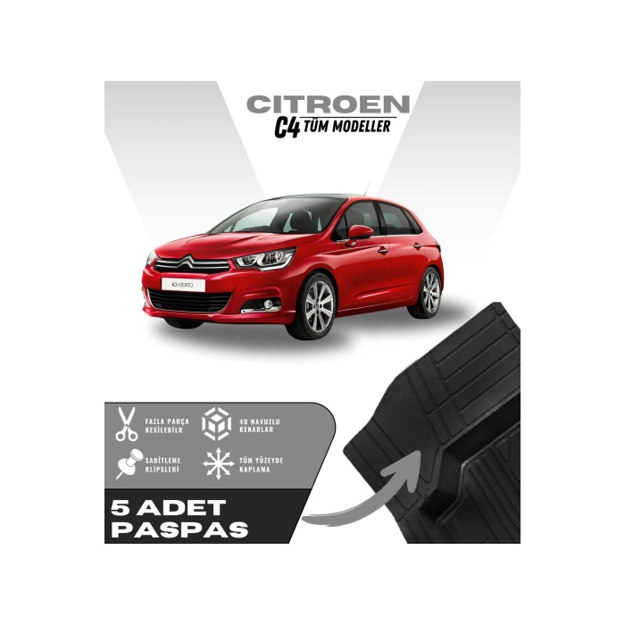 Citroen C4 Tüm Modeller 5li Paspas Seti Yüksek Kalite Kesilebilir Universal Oto Paspas