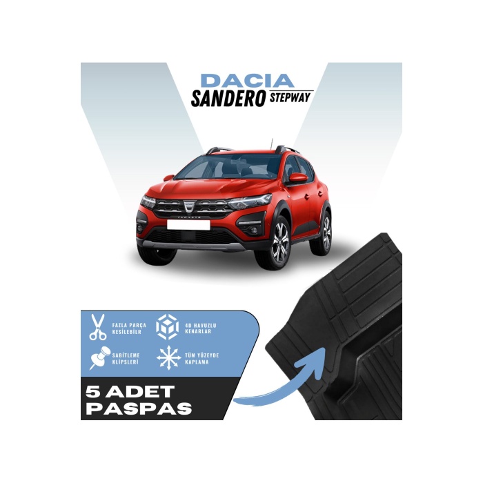 Dacia Sandero Stepway 5li Paspas Seti Yüksek Kalite Kesilebilir Universal Oto Paspas