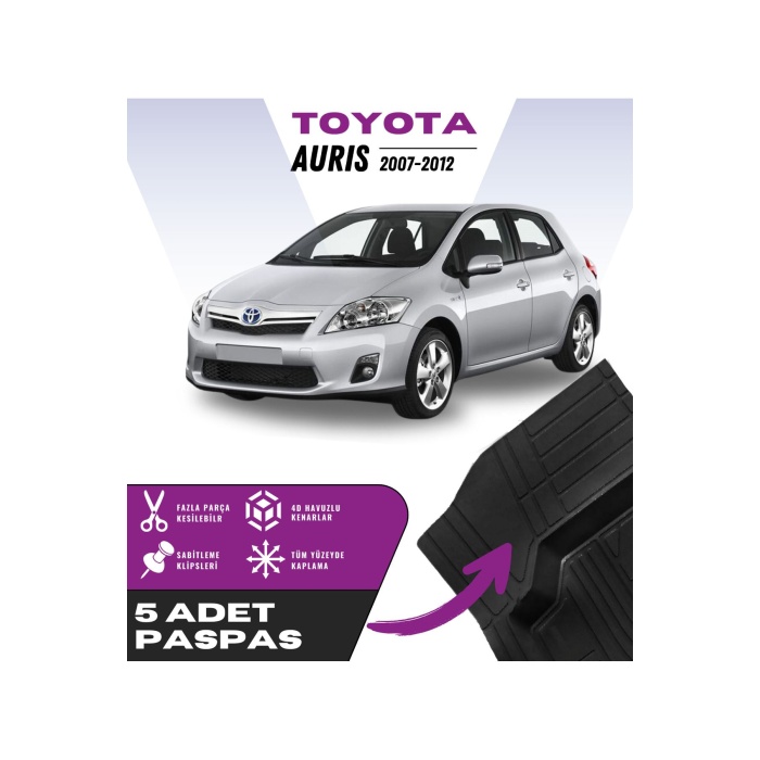 Toyota Auris 2007-2012 5li Paspas Seti Yüksek Kalite Kesilebilir Universal Oto Paspas