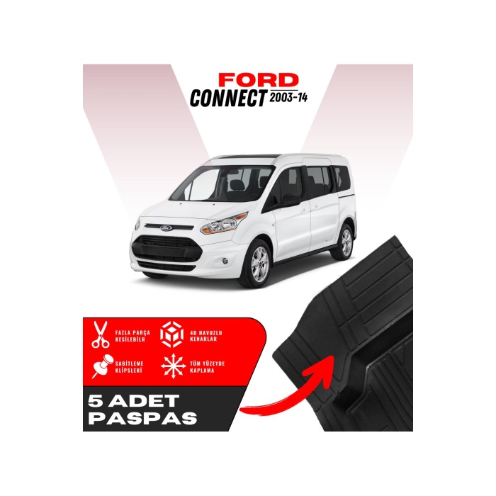 Ford Connect 2003-14 5li Paspas Seti Yüksek Kalite Kesilebilir Universal Oto Paspas