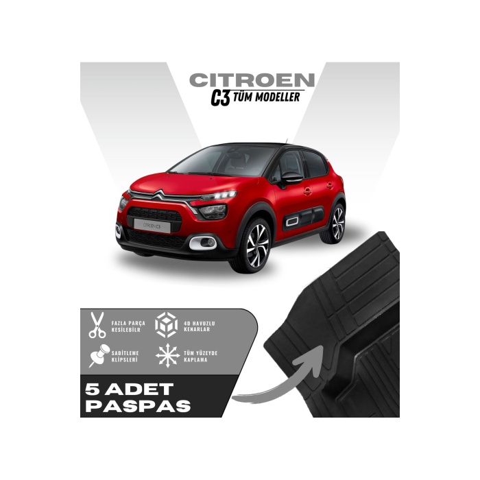 Citroen C3 Tüm Modeller 5li Paspas Seti Yüksek Kalite Kesilebilir Universal Oto Paspas